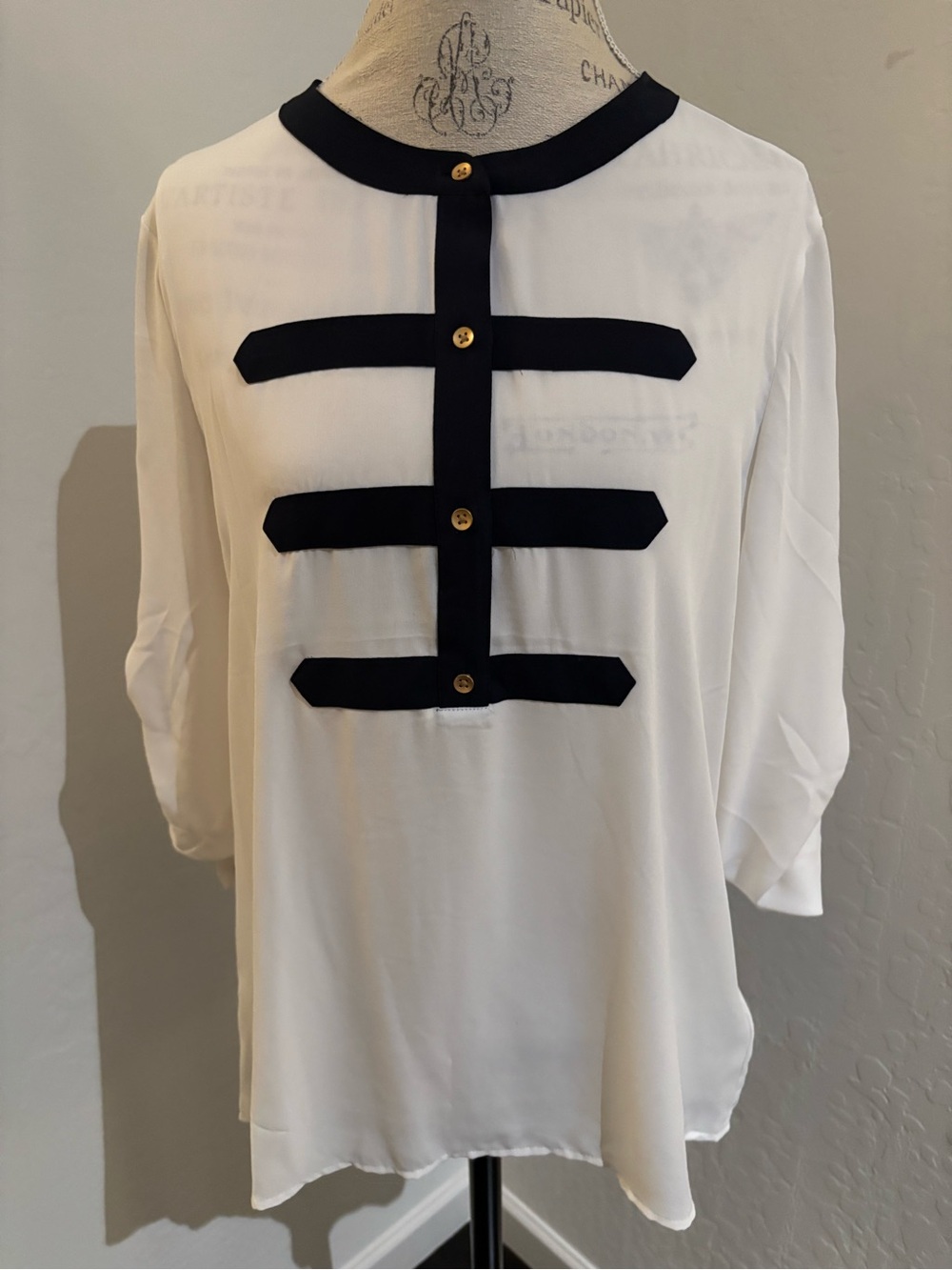 Banana Republic White Blouse with Navy Trim and Gold Buttons